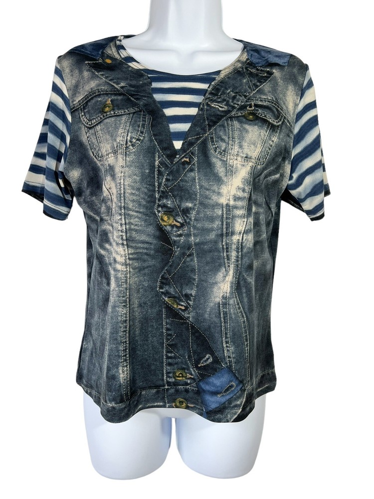 DAMEE Inc Top Sz S Sheer Mesh Embellished Faux Vest Pull Over Shirt Denim