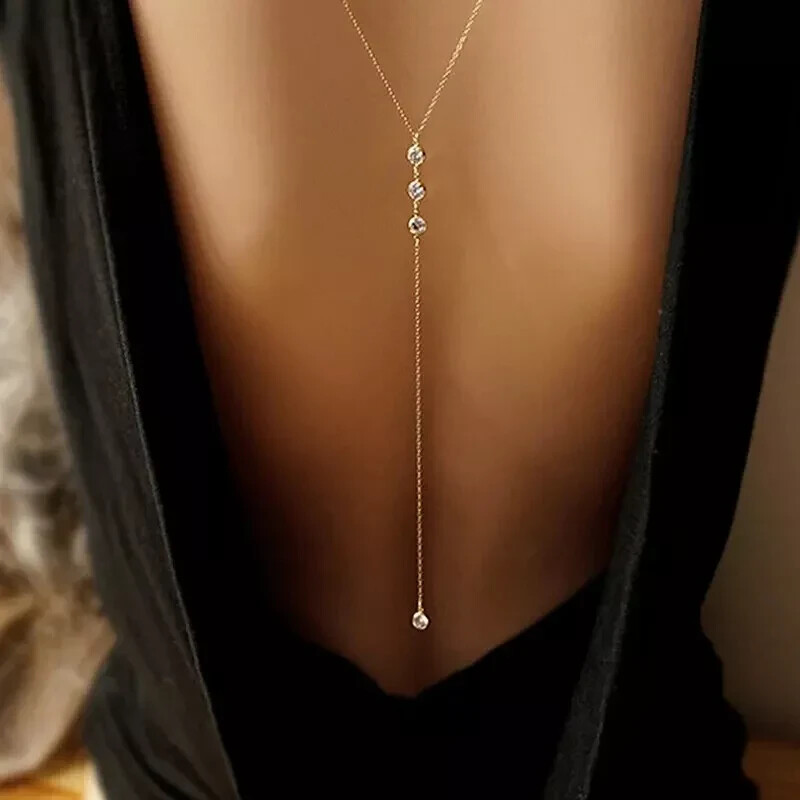 Sexy Back Chain Body Necklace Silver Crystal Rhinestone Long Wedding Jewelry