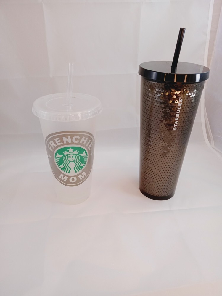 Starbucks Solid Black Sequin Venti Tumbler 24 oz & Custom Frenchie Mom Cold Cup