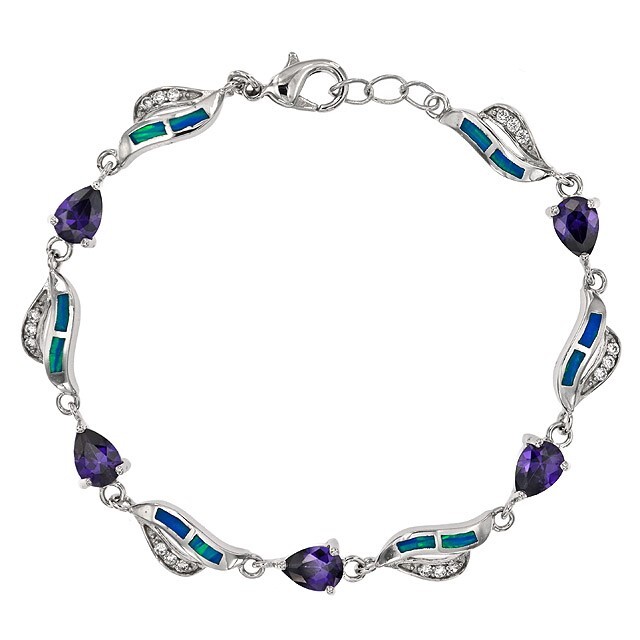 5CT Amethyst & Australian Opal Inlay 925 Sterling Silver Tennis Bracelet