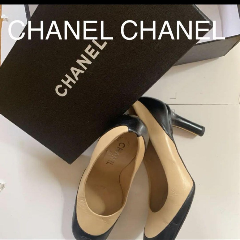 CHANEL Beige Black Heels EU 37 Womens Pumps Preowned Af1326