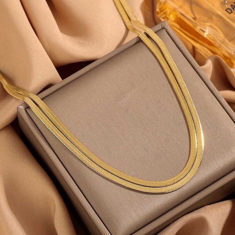 Woman 18K Gold Plated Snake Herringbone Chain 2 Layers Chain Necklace