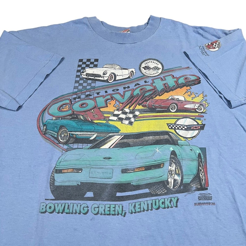 Vintage 90s corvette museum graphic car blue t shirt