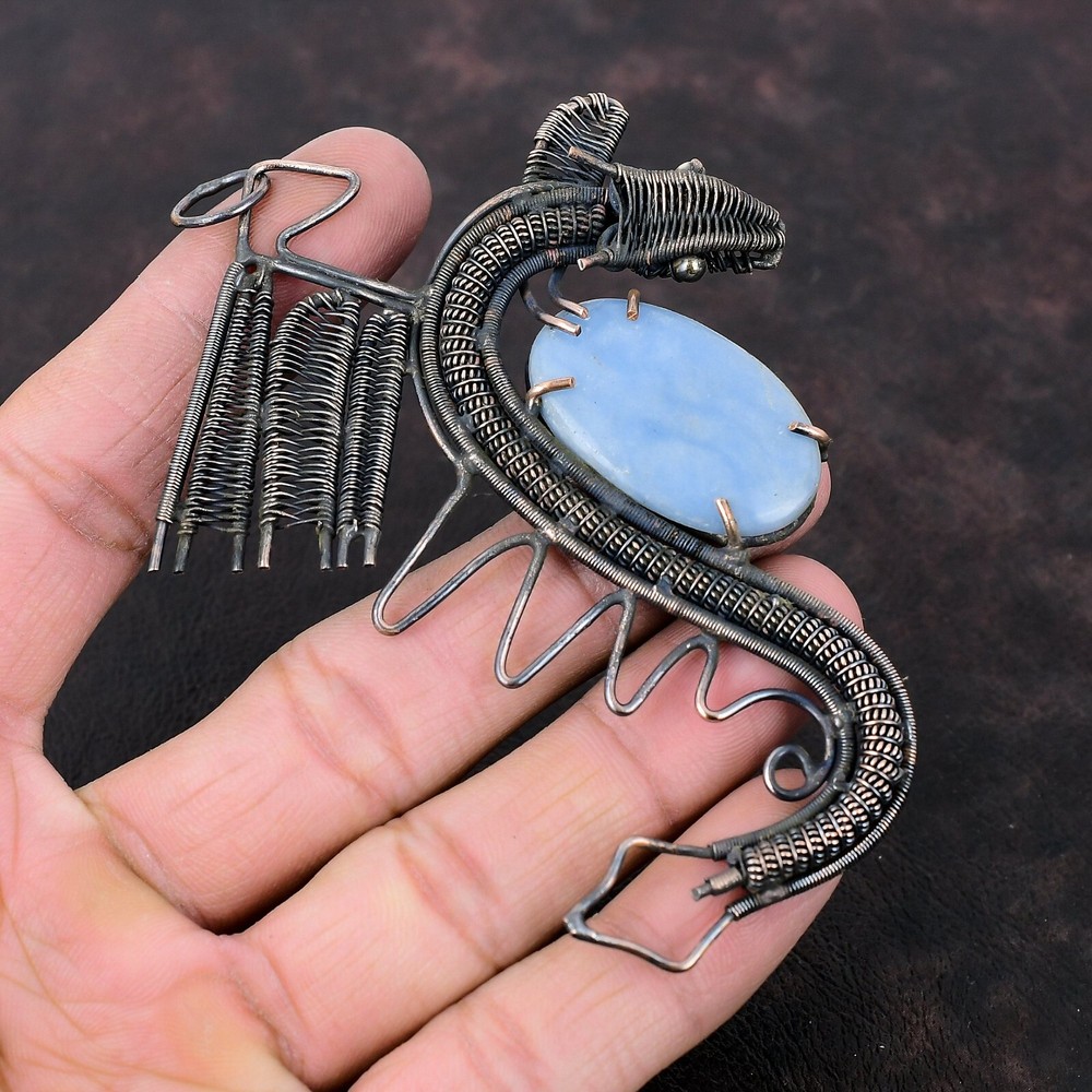 Christmas Sale Copper Oval Angelite Stone Wire Wrapped Dragon Daughter Pendant-image
