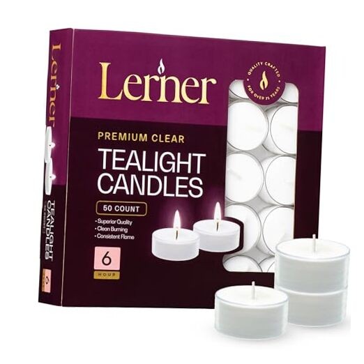 Lerner Long-Burning White Tealight Candles in Clear Cups 50 Count 6 Hour Burn Time