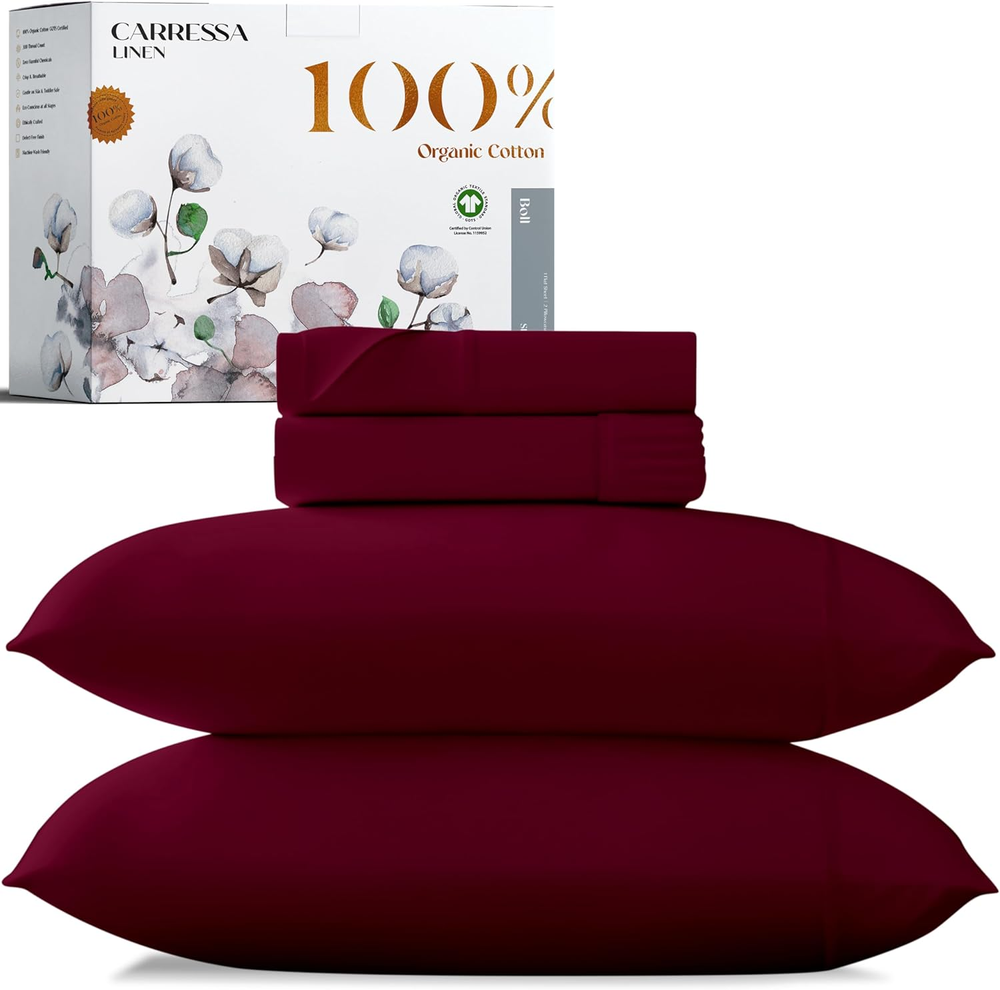 100% Organic Cotton Full Size Sheets Set - 4 Piece Pure Long Staple Sateen Weave