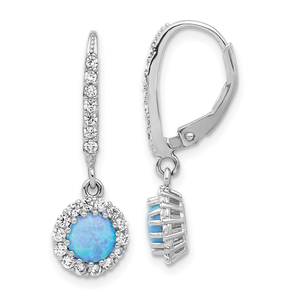 Sterling Silver CZ and Lab Opal Halo Drop Dangle Earrings