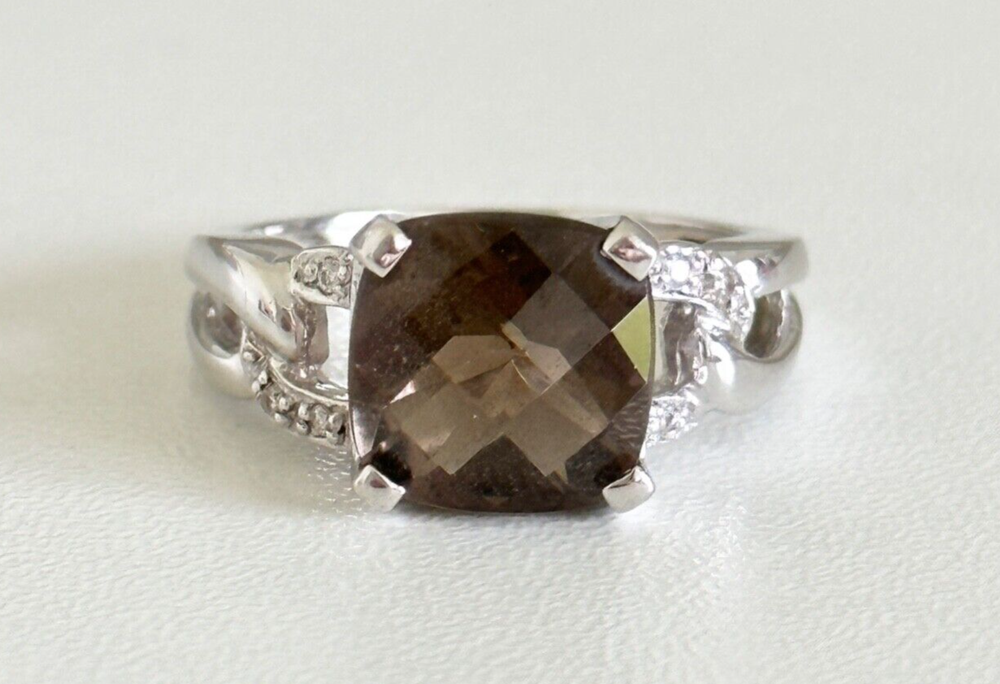 14k White Gold Cushion Cut Smoky Quartz Diamond Designer Signed Ring Size 7