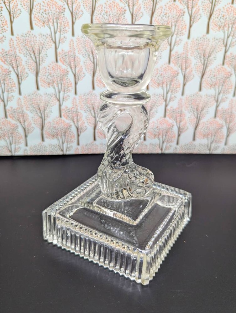Vtg Imperial Glass Clear 779 Dolphin Koi Fish Candlestick Candle Holder 5” EUC