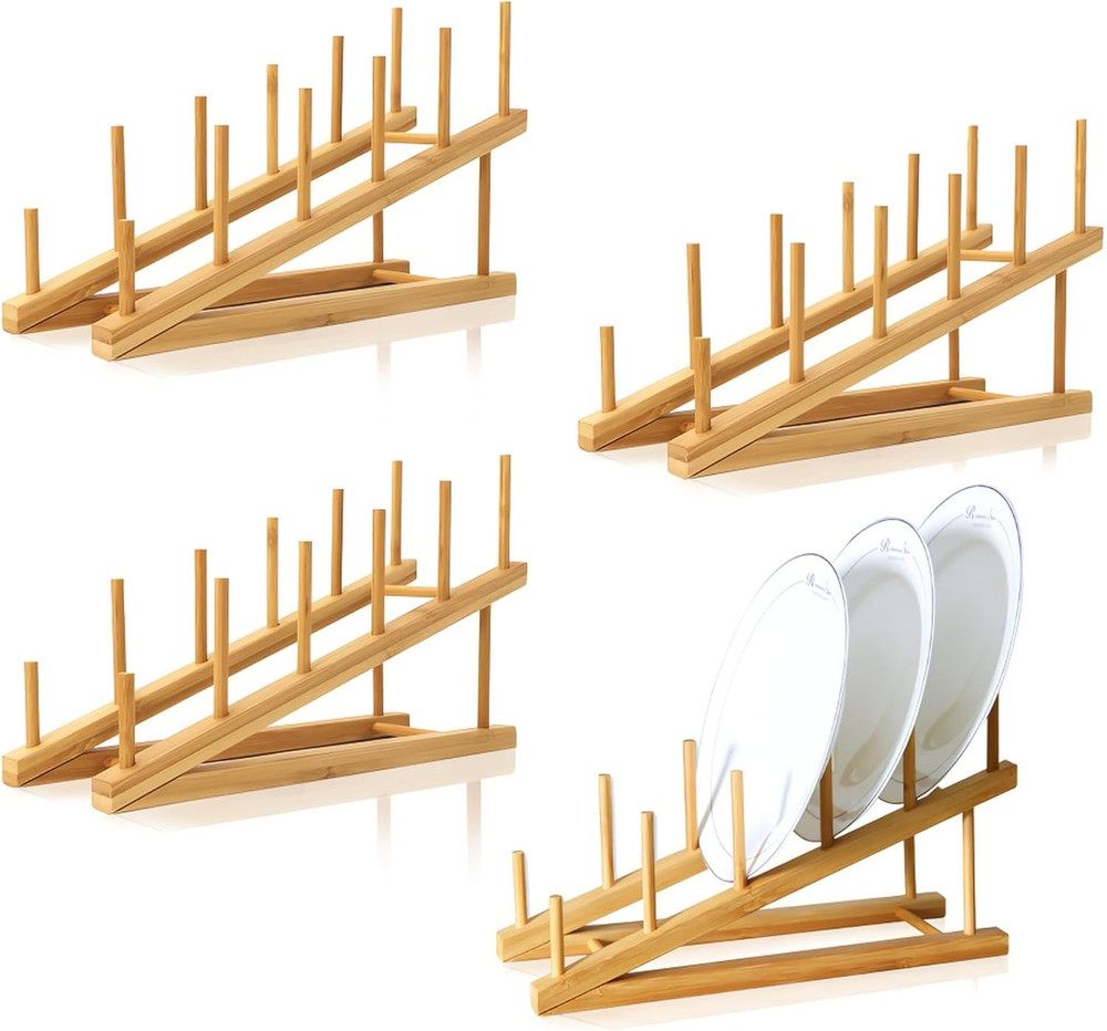 4 Pcs Wooden Dish Drying Rack Bamboo Plate Dish Rack Stand Kitchen Cabinet Organ