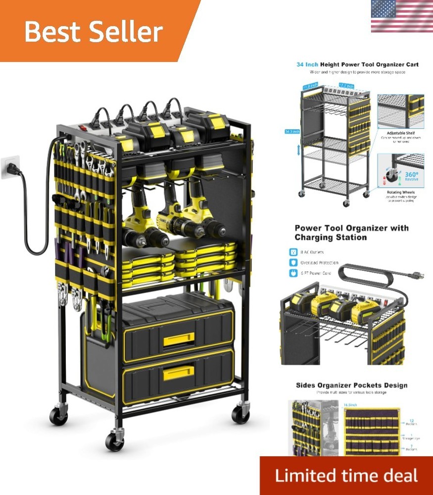 Garage Tool Organizer with Charging Station and Adjustable Shelves for Ultimate Storage