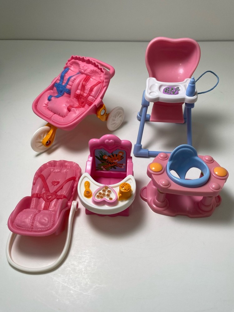 Fisher Price Loving Family DOUBLE STROLLER, 2 High Chairs, BOUNCER, Carrier B12