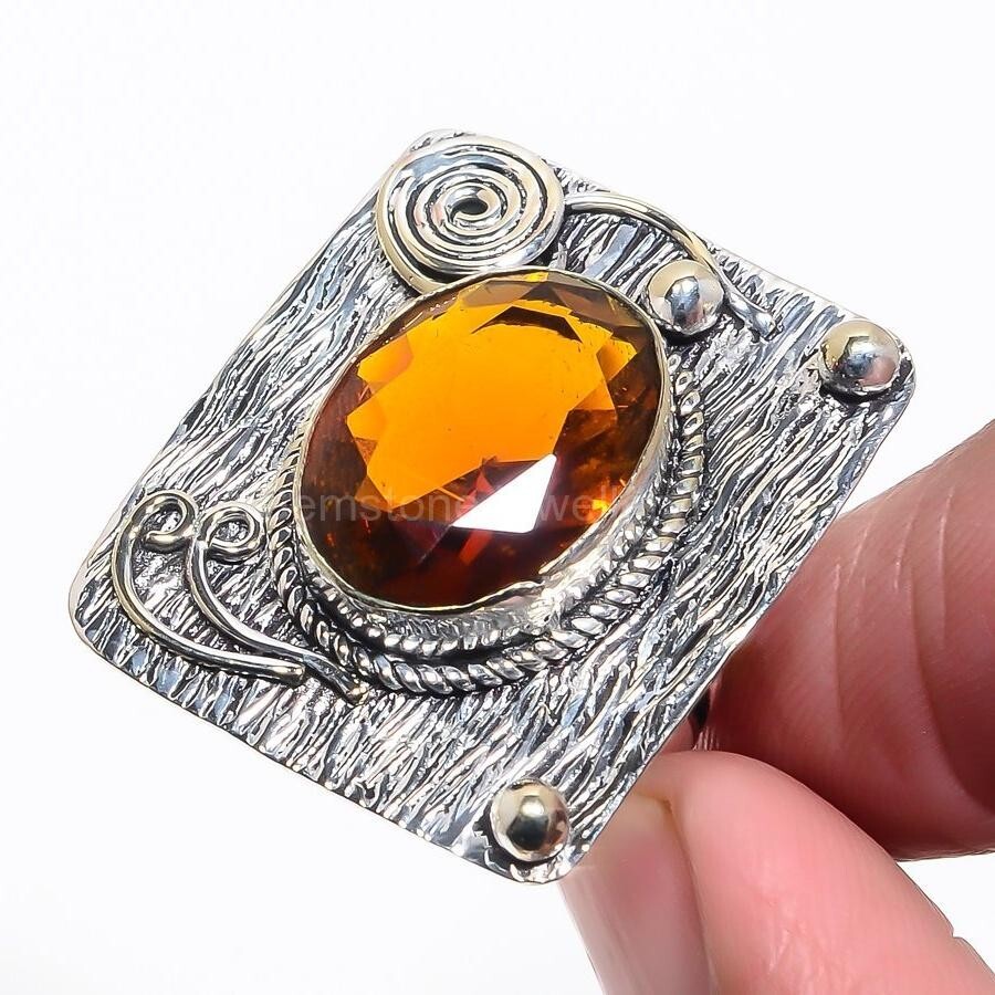 925 Silver Citrine Gemstone Channel Set Statement Ring Size 6.5