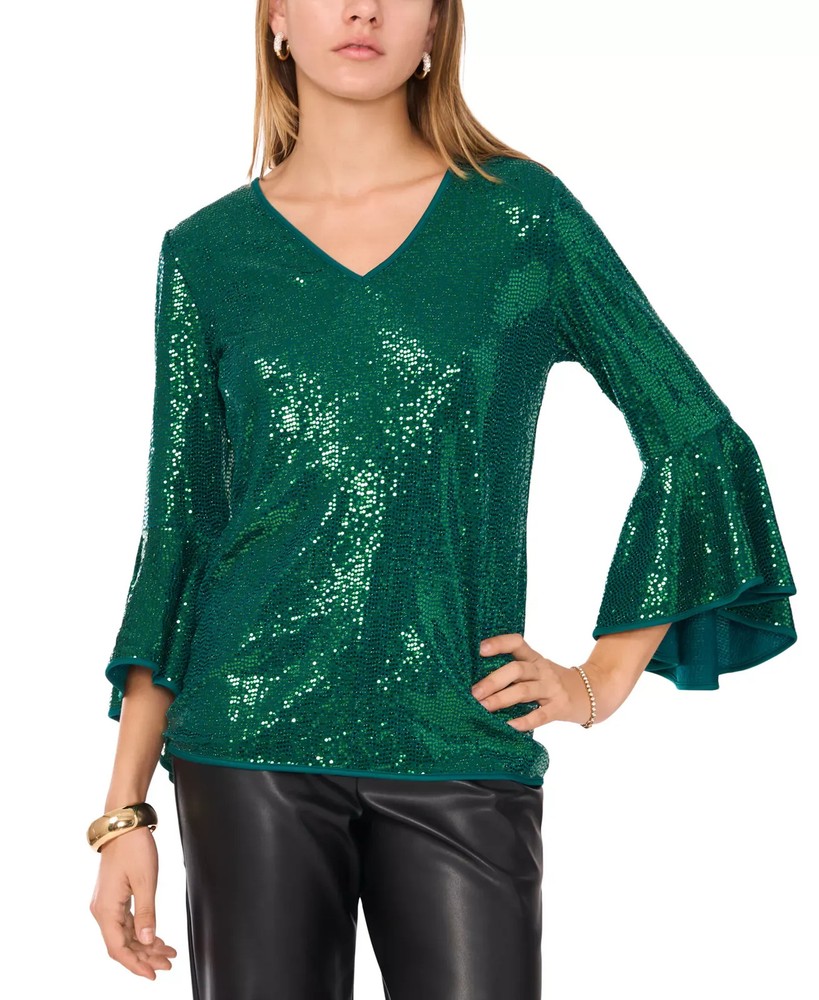 Vince Camuto Women's Top Sz S Sequined V-Neck Bell-Sleeve