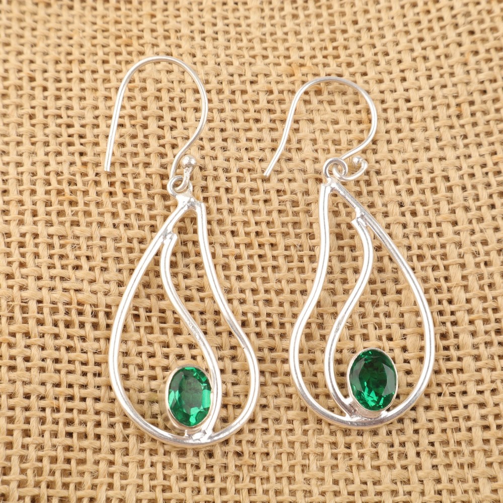 Natural Green Emerald 925 Silver Bezel Elegant New Drop Dangle Earrings Jewelry
