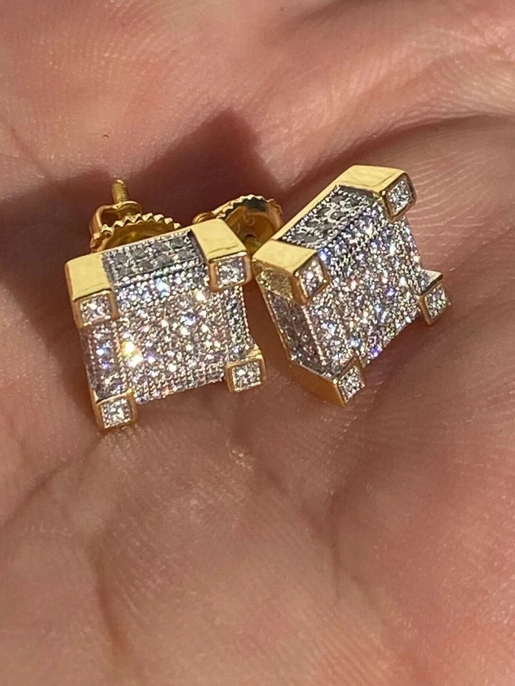 0.90Ct Round Simulated Diamond Hip-Hop MEN'S Stud Earrings14k Yellow Gold Plated