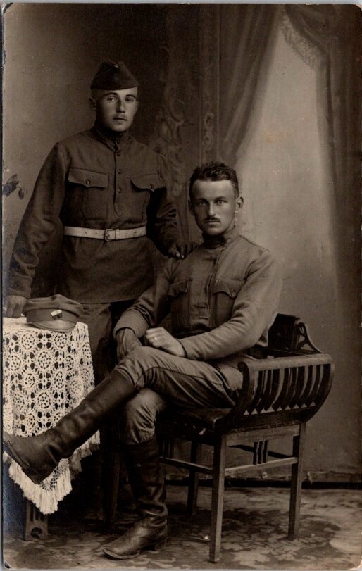 Vintage RPPC Postcard WW I Soldiers Pose for Studio Photograph dated 1919  15538