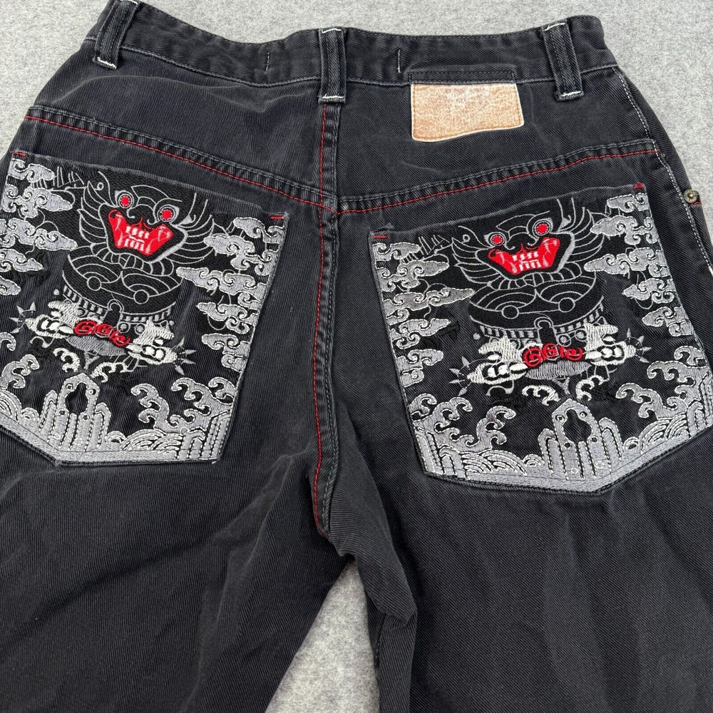 Vintage Paco Jeans Men's 30x23 Black 90s Baggy Skater Wide Leg Embroidered Crop