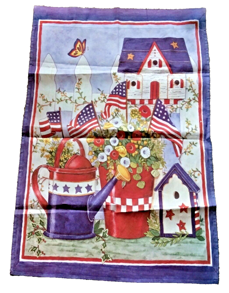 Patriotic America Garden Flag with Bird Houses Watering Can Flowers 36x24.5 Inch