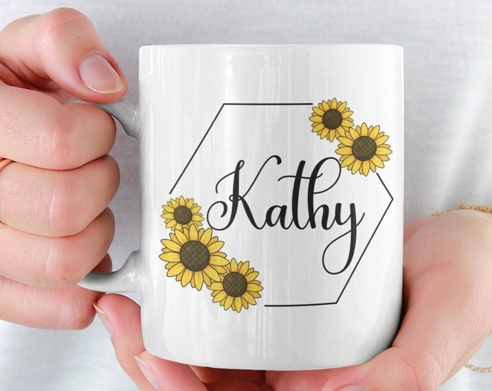 Custom White Ceramic Coffee Mug with Yellow Flowers & Personalization  
