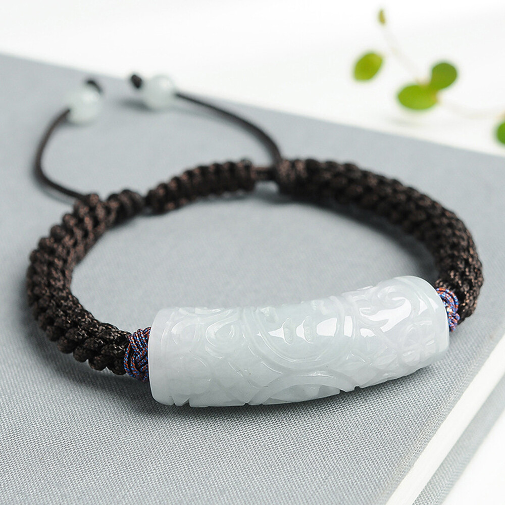 New 1PCS 100% Natural Jade Coin Tube Bead Brown Knitted Bracelet Grade A Jadeite
