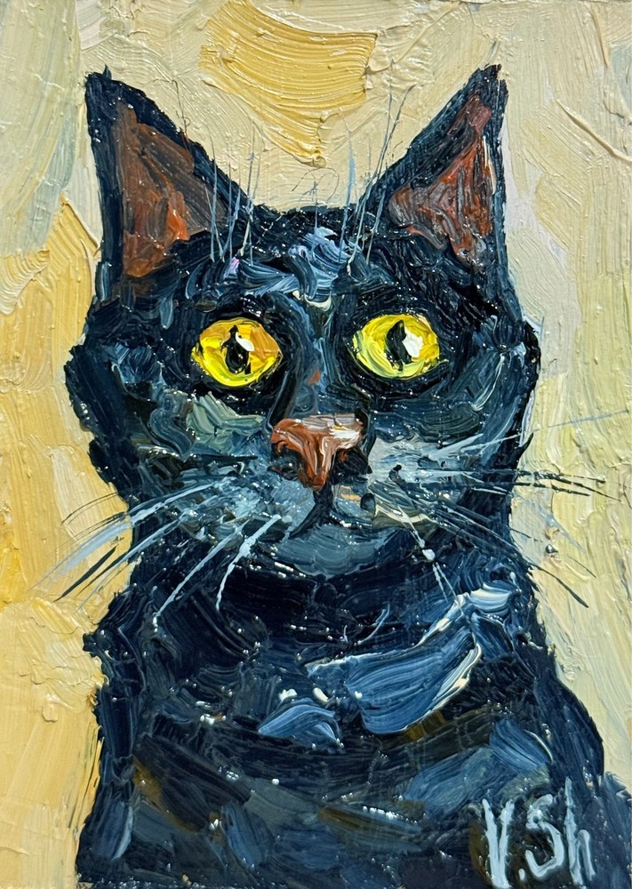 ACEO Funny Black Cat Original Oil Painting Portrait  Pet Animal Signed Art