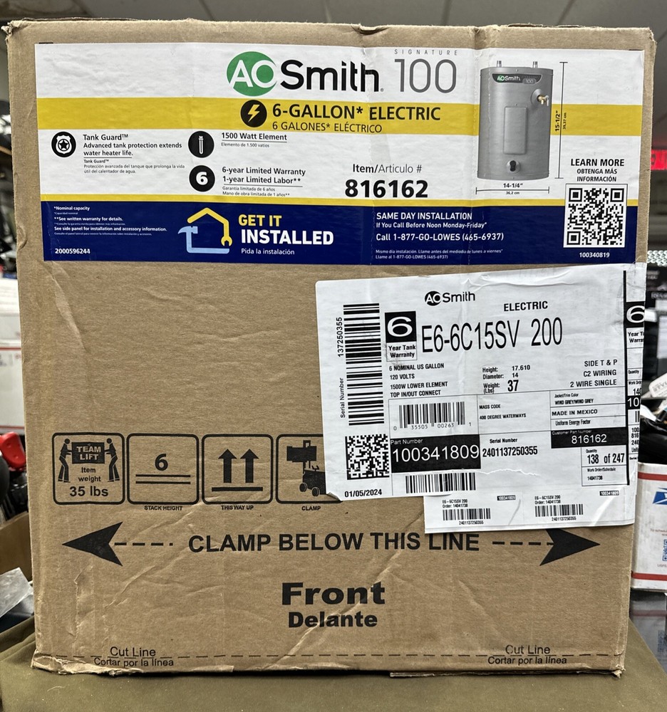 A.O. Smith Signature 100 - 6 Gallon 1500W Element Water Heater (E6-6C15SV 200)
