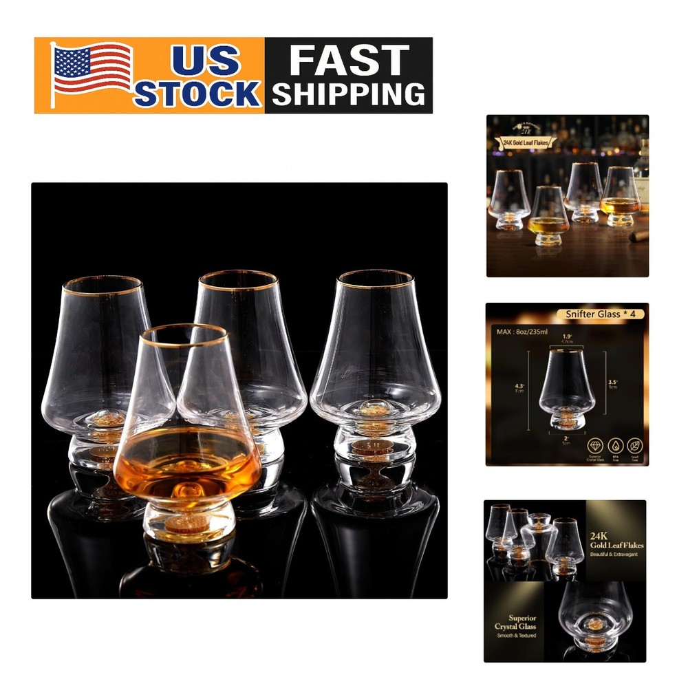 Luxury Handcrafted Snifter Glasses 4-Pack with Gold Trim & Flakes Gift Set