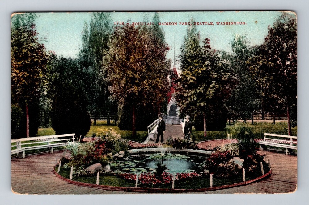 Antique Seattle Washington Madison Park Fountain Vintage Postcard