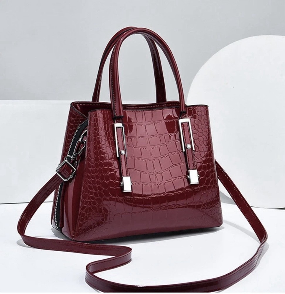 Burgundy Croc Embossed Faux Leather Satchel Top Handle Crossbody Bag