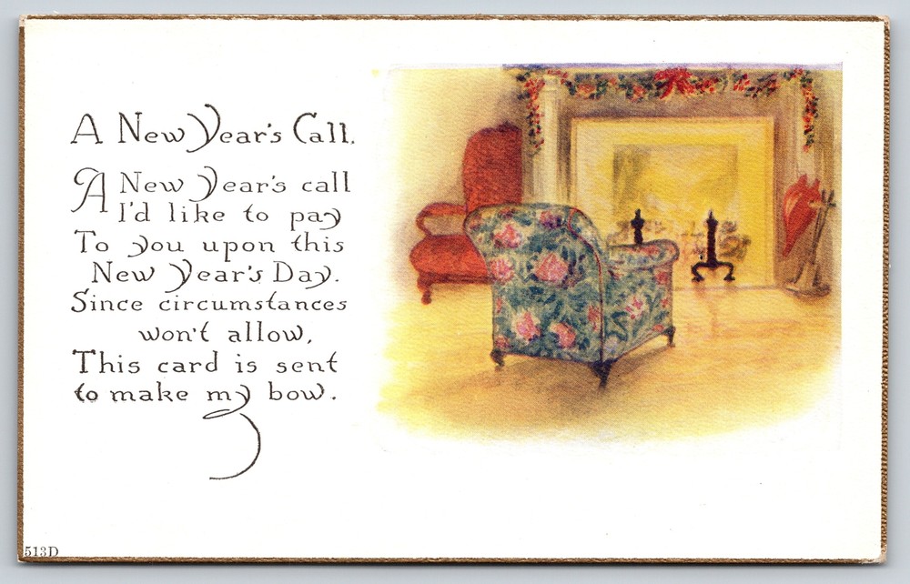 Art Deco~A New Years Call~Chair By The Fireplace Scene~Gold Border~Vintage PC-image