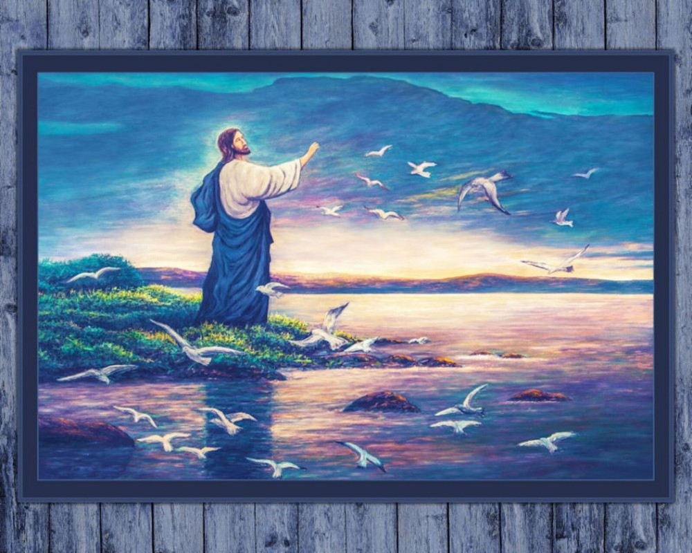 Religious Jesus He Feeds Them All Faith Quilt Top Wall Hanging Panel Fabric