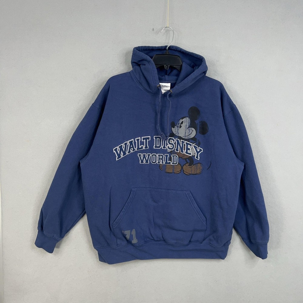 Disney World Hoodie Mens XL Navy Blue Mickey Mouse Graphic Pullover Embroidered