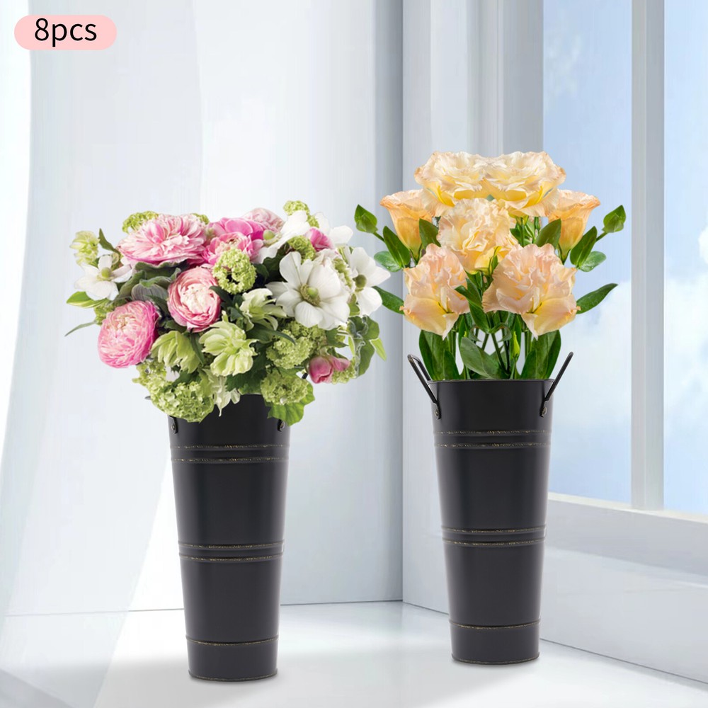 8PCS Galvanized Metal Vases Flower Bucket Vases, Black Flower Vases for Bouquet
