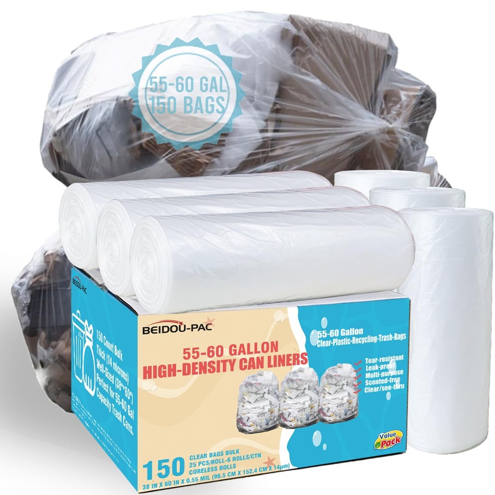 55-60 Gallon Trash Bags, 150 Count Bulk, Heavy Duty Clear Plastic Recycling G...