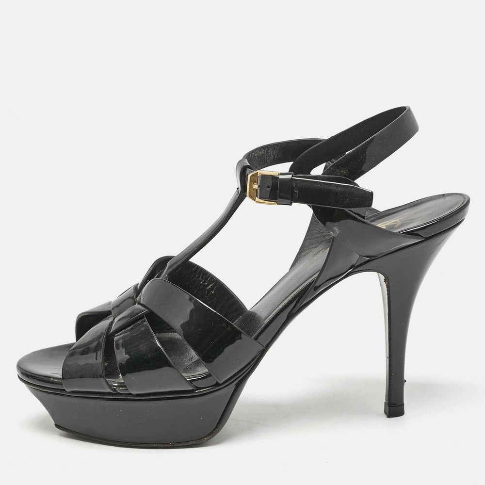 Saint Laurent Black Patent Leather Tribute Platform Sandals Size 38 EU