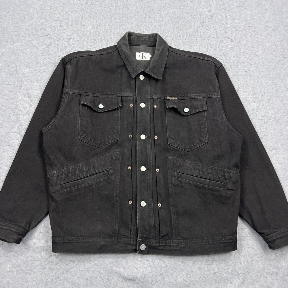 VTG Calvin Klein Jean Jacket Men's Large Black Denim Trucker Hand Pockets USA