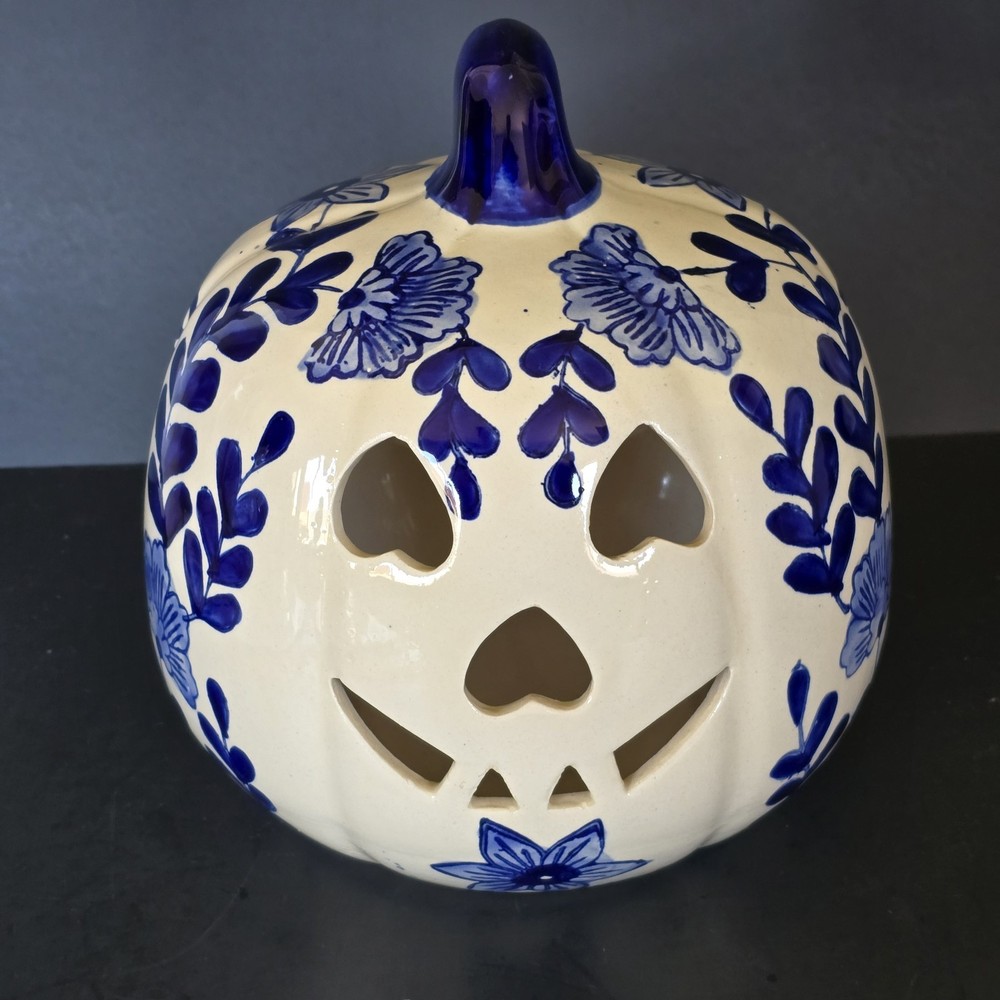 Martha Stewart Ceramic Chinoiserie Jack-o'-lantern Blue and White Candle Holder