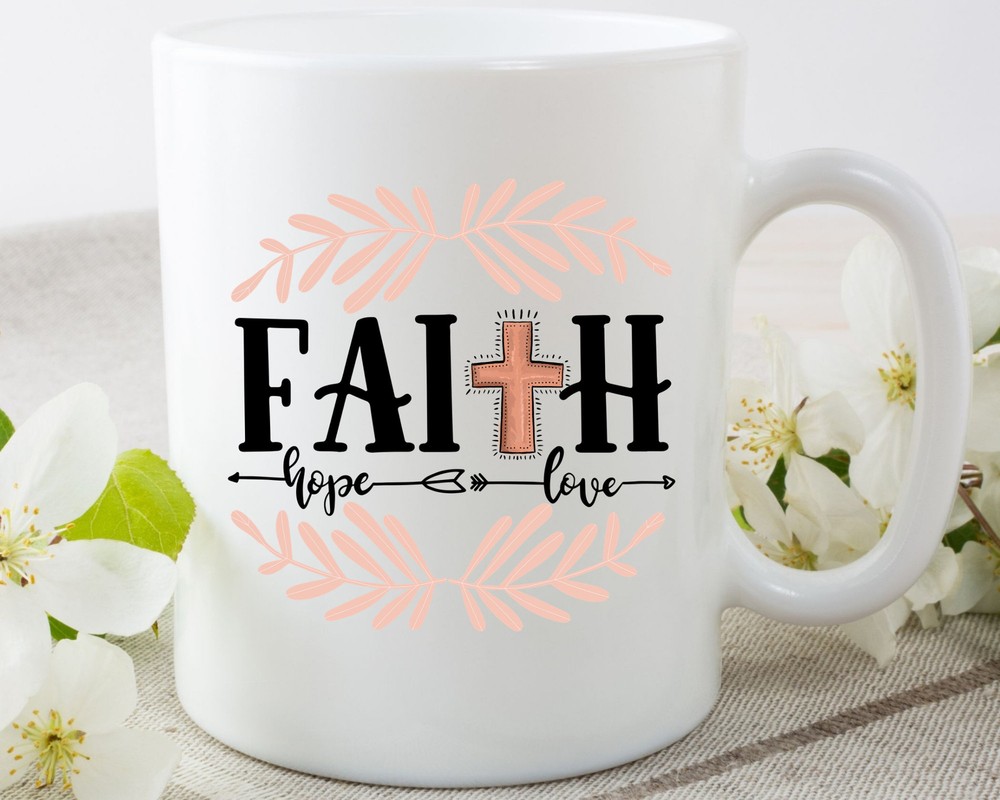 Inspirational Christian Mug with Faith Hope Love Jesus Design