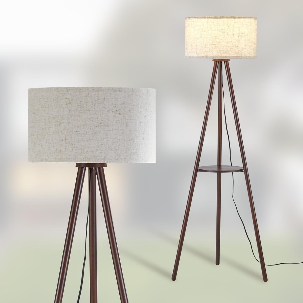 Wood Tripod Floor Lamp for Living Room,Linen Shade Mid Century Wooden Shelf F...