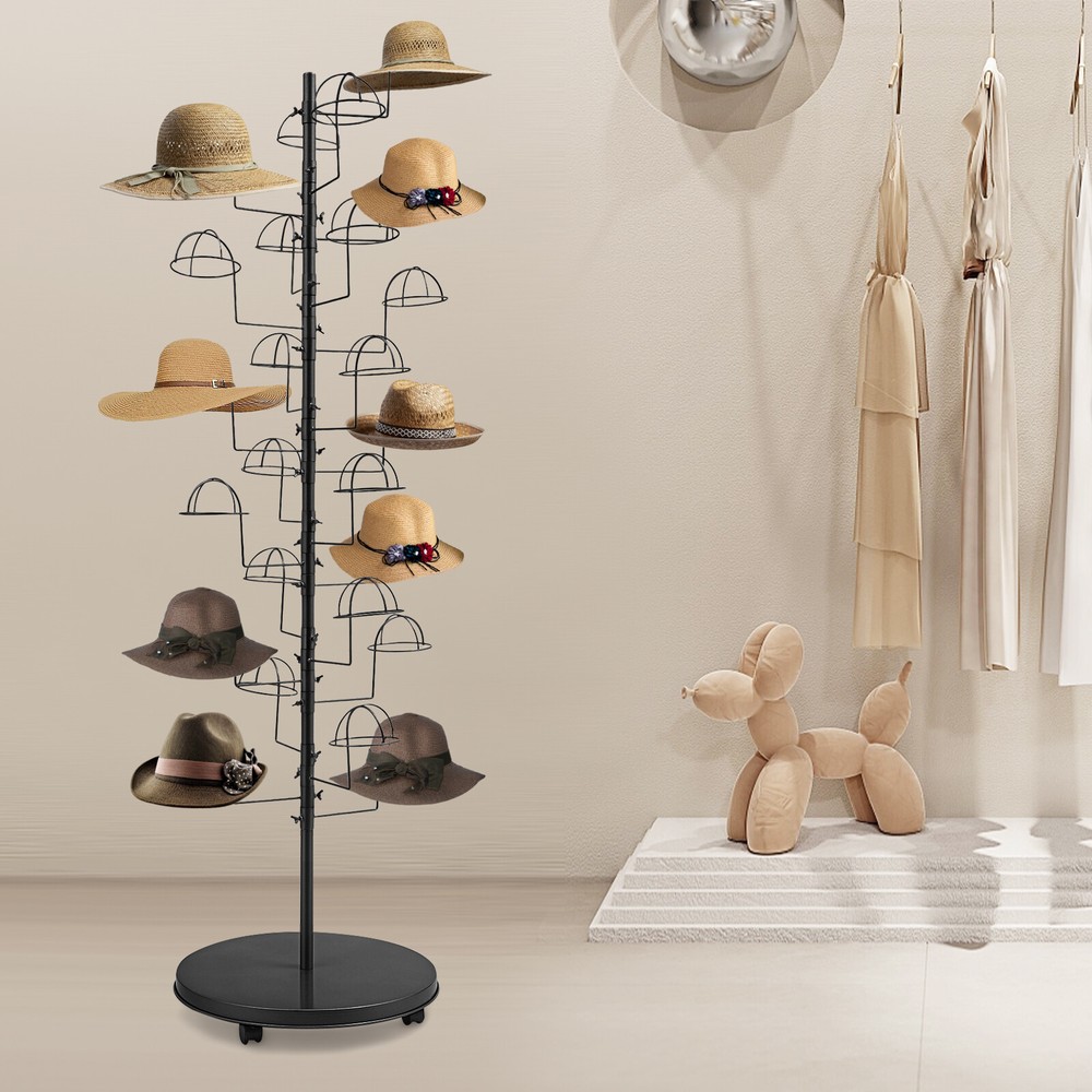Metal Hat Display Stand Hat Storage Stand Black Freestanding Hat Rack w/25 Hooks