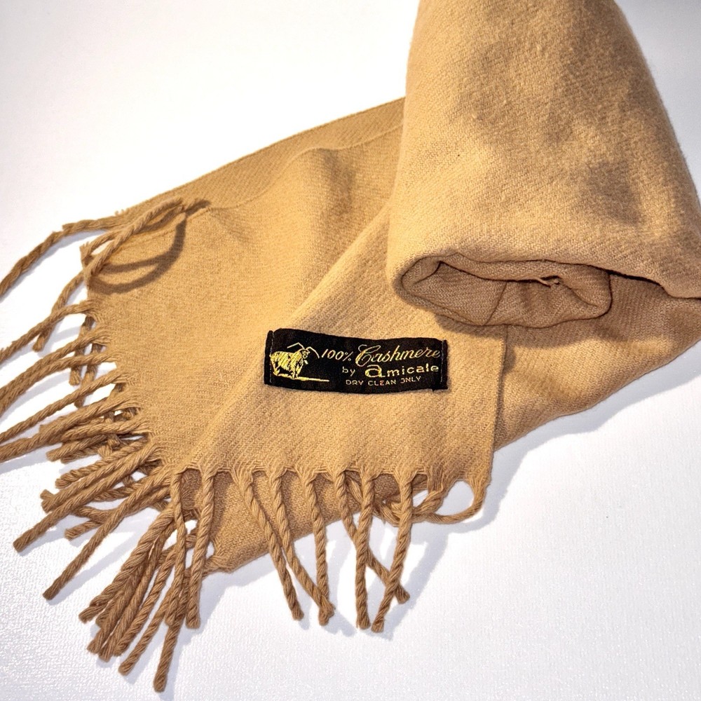 Vintage Amicale Cashmere Scarf in Camel Tan with Fringe