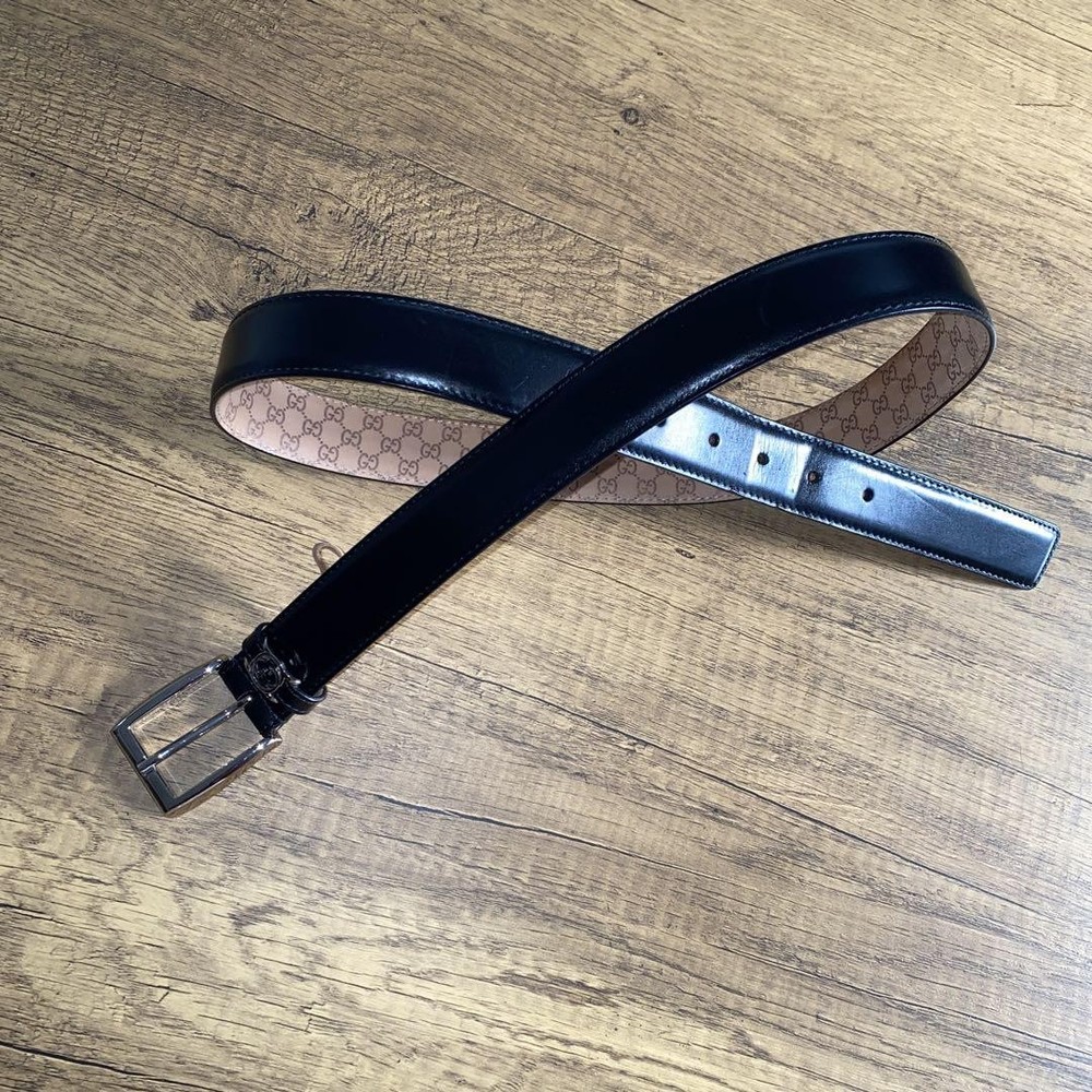 GUCCI Black Silver Leather Belt Authentic Made in Italy Men's Pre-Owned