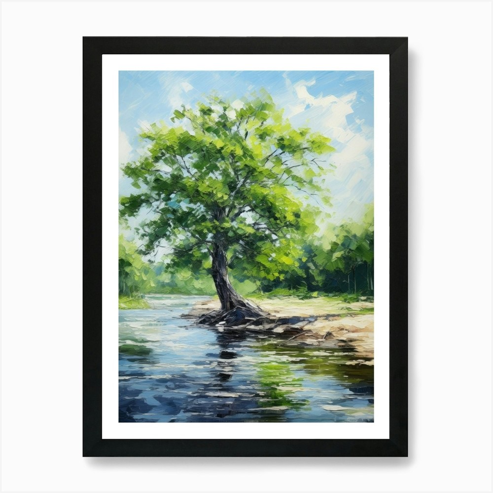 Framed Tree By The River Art Print - Canvas Wall Decor Poster Picture  