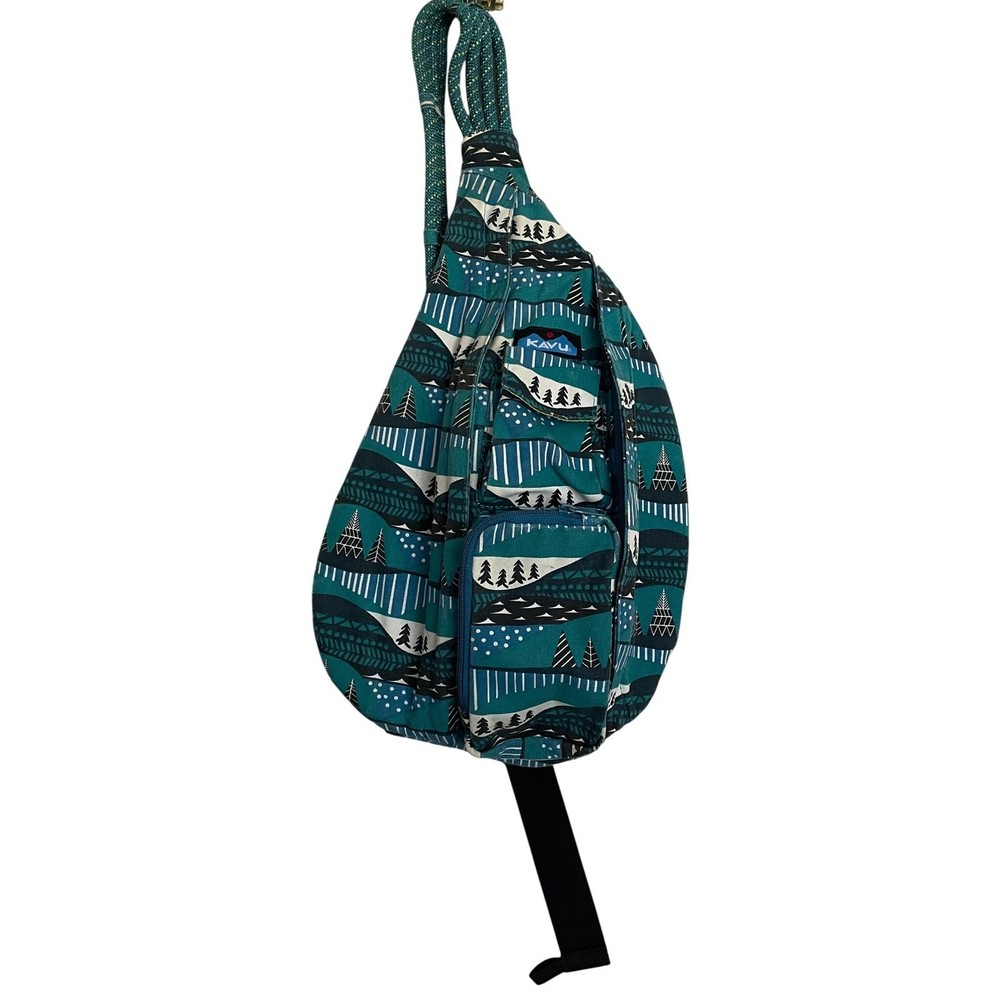 KAVU Winterscape Rope Sling Bag Teal Mountain Trees Crossbody Outdoors Hike Pack