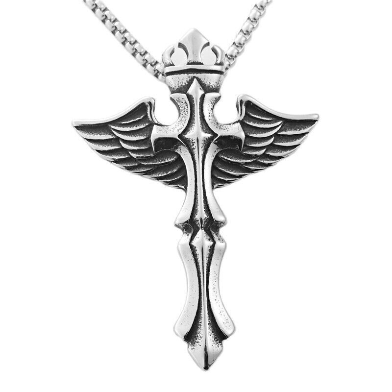Big Style MensWomens Stainless Steel Angel Wings Cross Pendant Necklace Chain