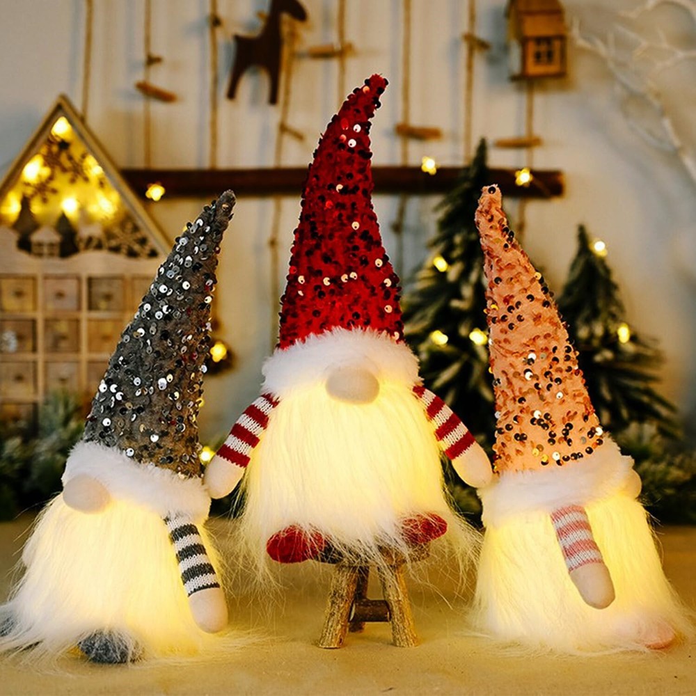 3PCS-LED Lighted Christmas Gnome Handmade Santa Elf Figurine Faceless Doll Decor