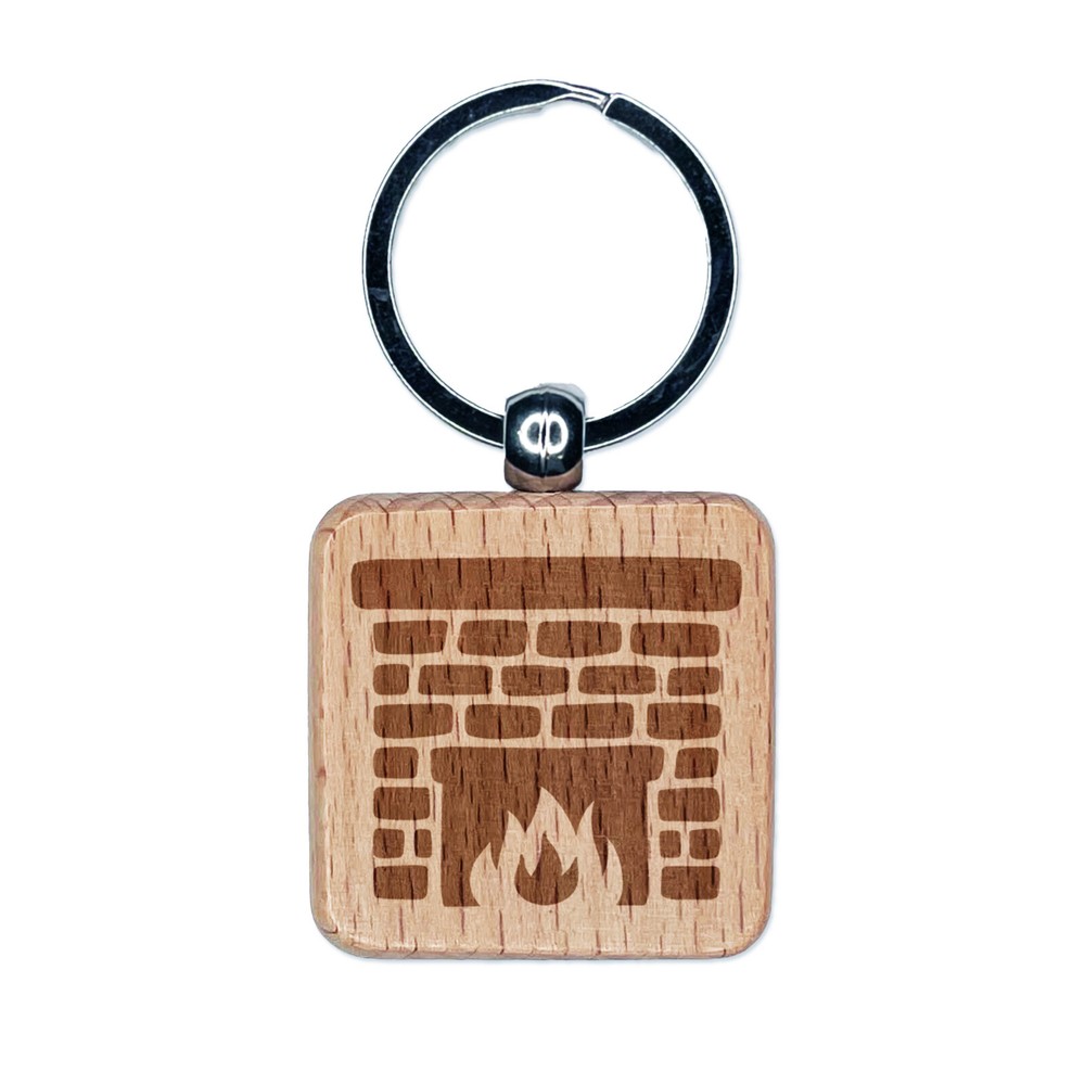 Llavero cuadrado de madera grabada de ladrillo chimenea dije etiqueta