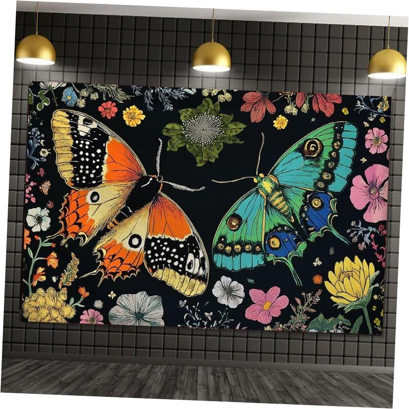 FENDROM Butterfly Colorful Plants Tapestry Moonlit Botanical Floral Plant Boho