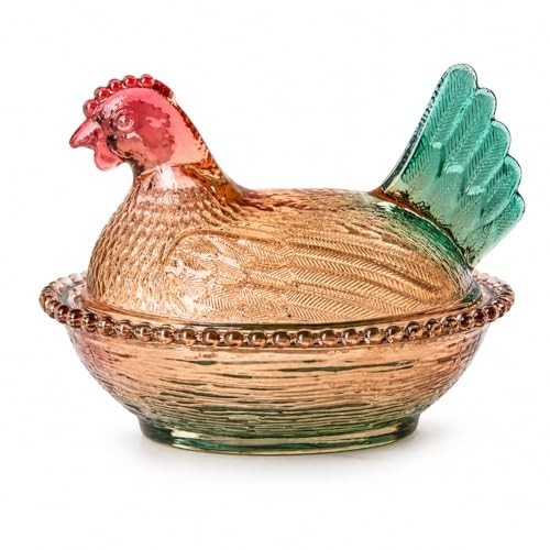 Vintage-Style Glass Hen on Nest Dish with Lid, Colorful Pedestal Candy Bowl